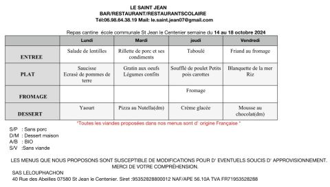 Menu de la cantine scolaire