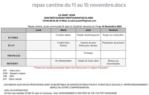 Menu de la cantine scolaire